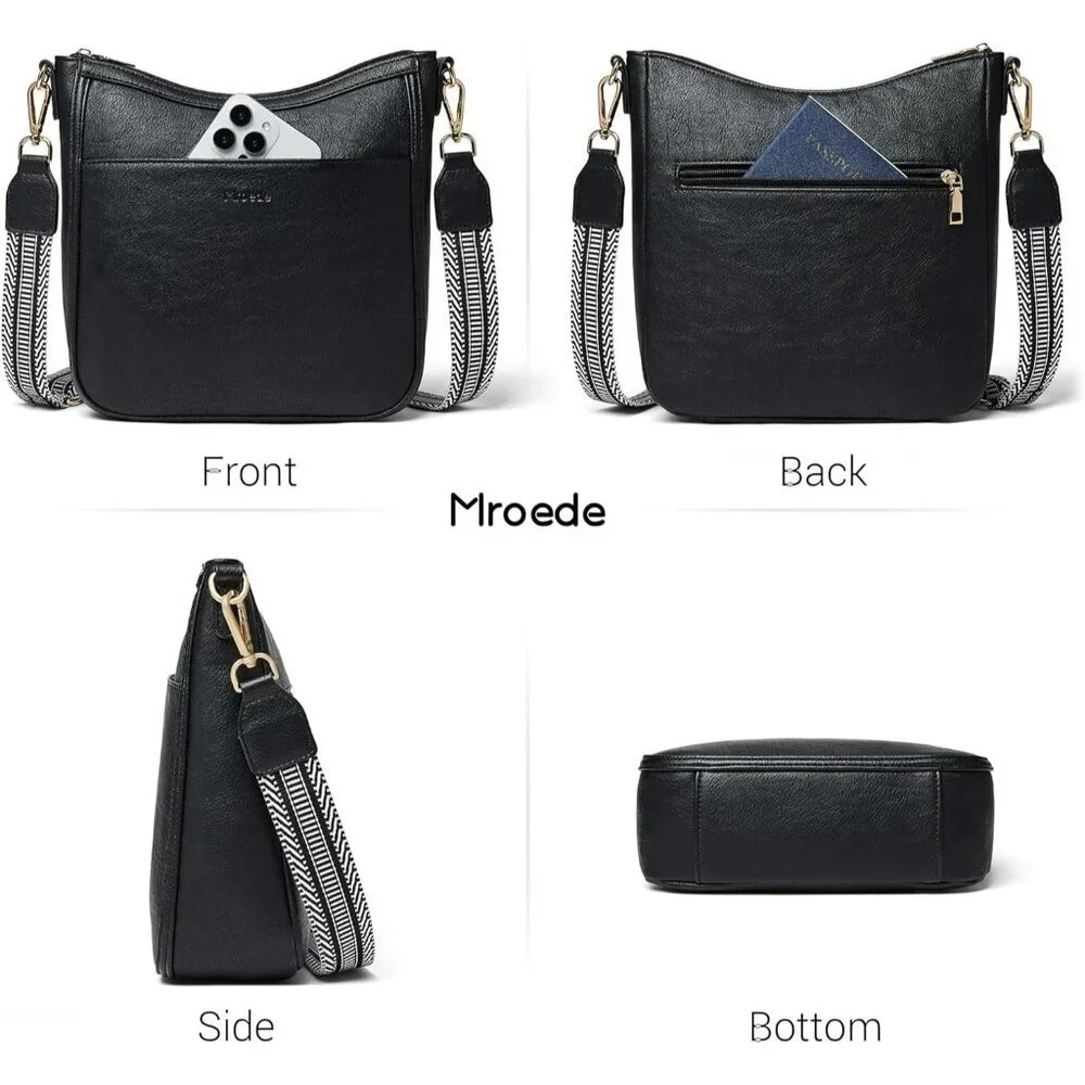 Women's 3-1 Black Vegan Leather Hobo Daily Travel Work Shoulder Crossbody Purses
